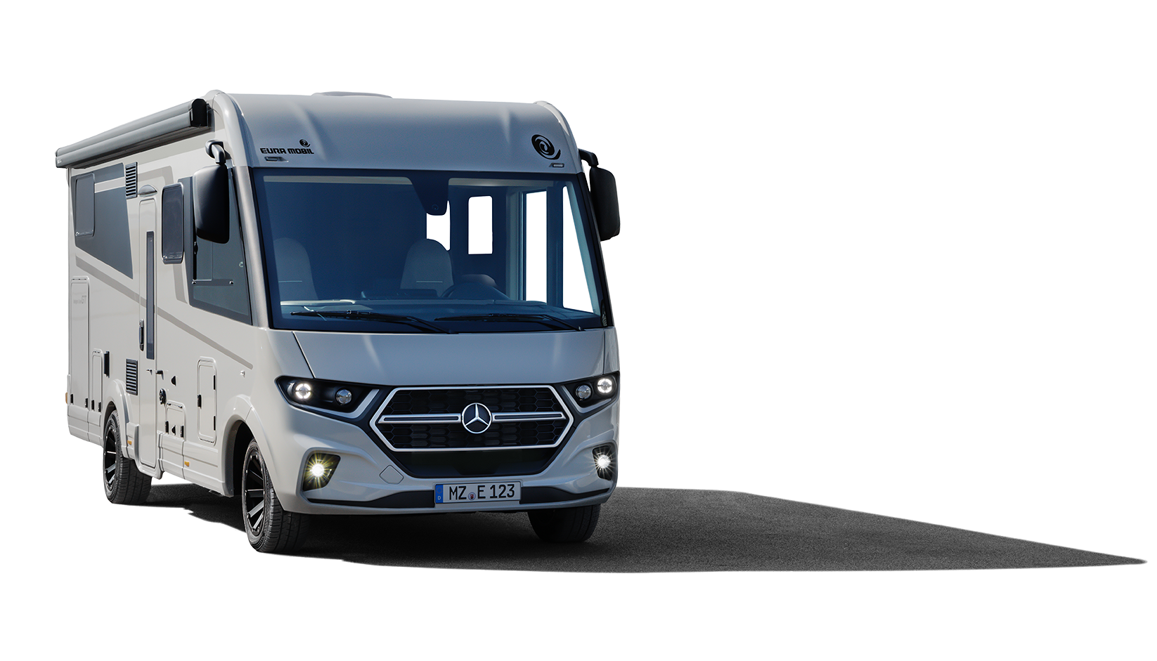 Seitliche Ansicht eines Wohnmobils. 